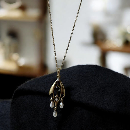 14k Gold Antique Pearl and Emerald Necklace