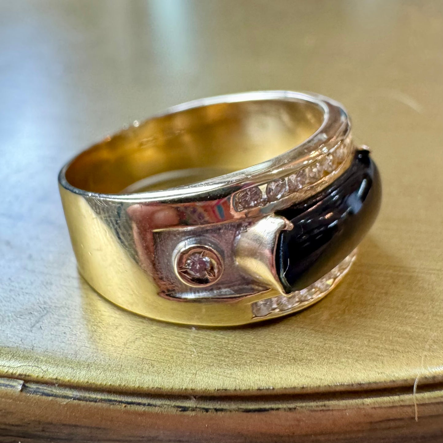 Wide Black Onyx and Diamond Band - 14K Yellow Gold