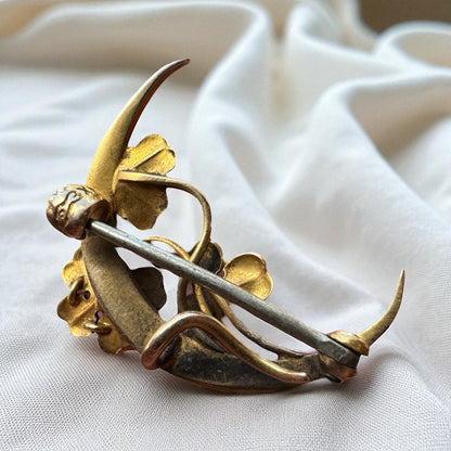 Crescent Moon Seed Pearl Brooch - 14K Yellow Gold