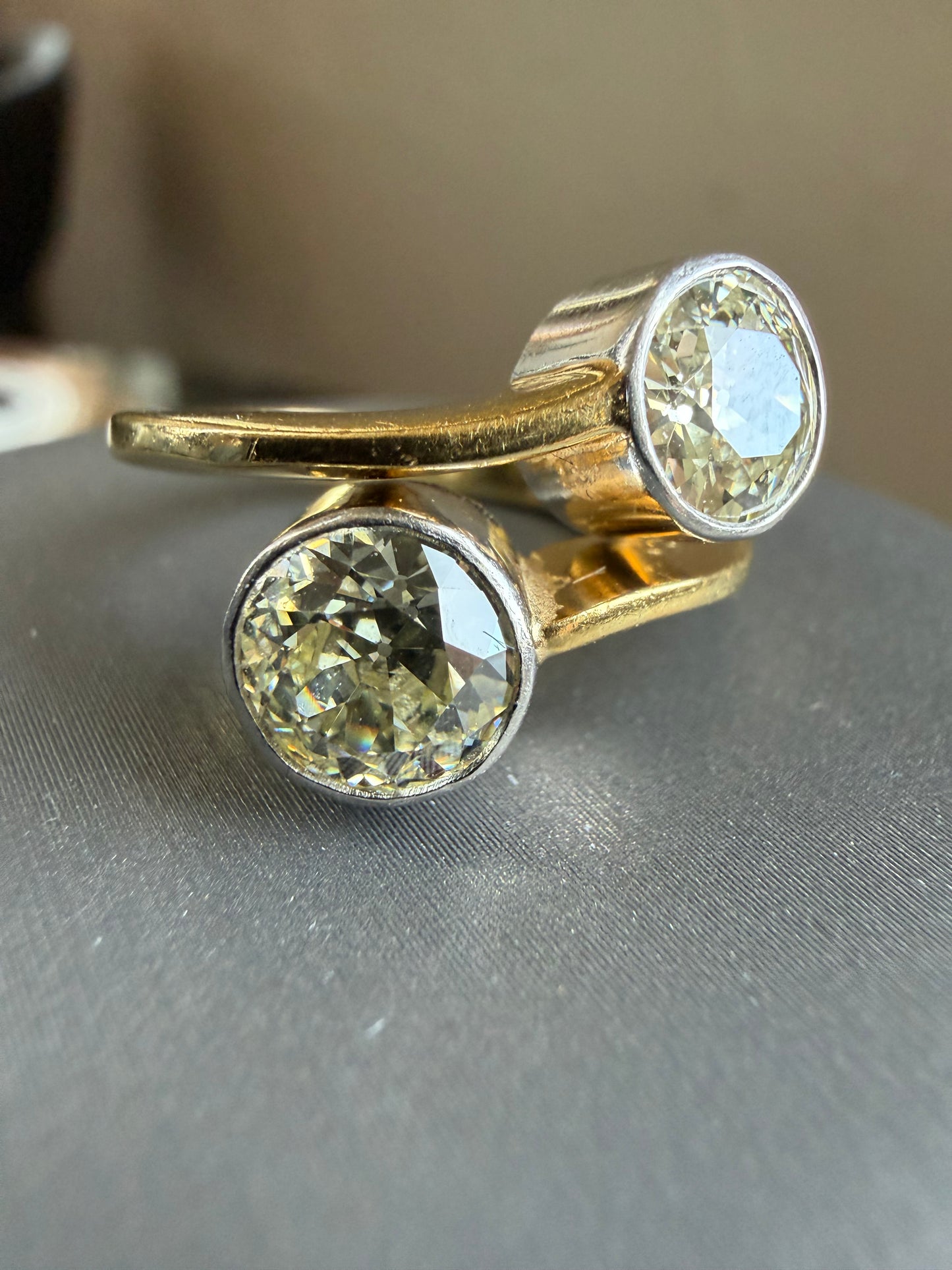 European Cut Diamond Toi et Moi Ring - 18K Yellow Gold and Platinum