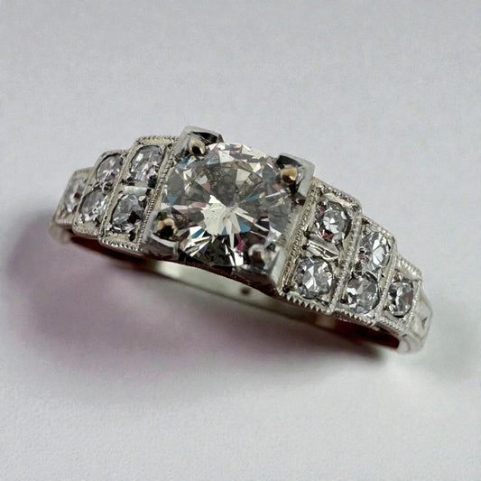 18K White Gold Geometric Diamond Ring - Art Deco