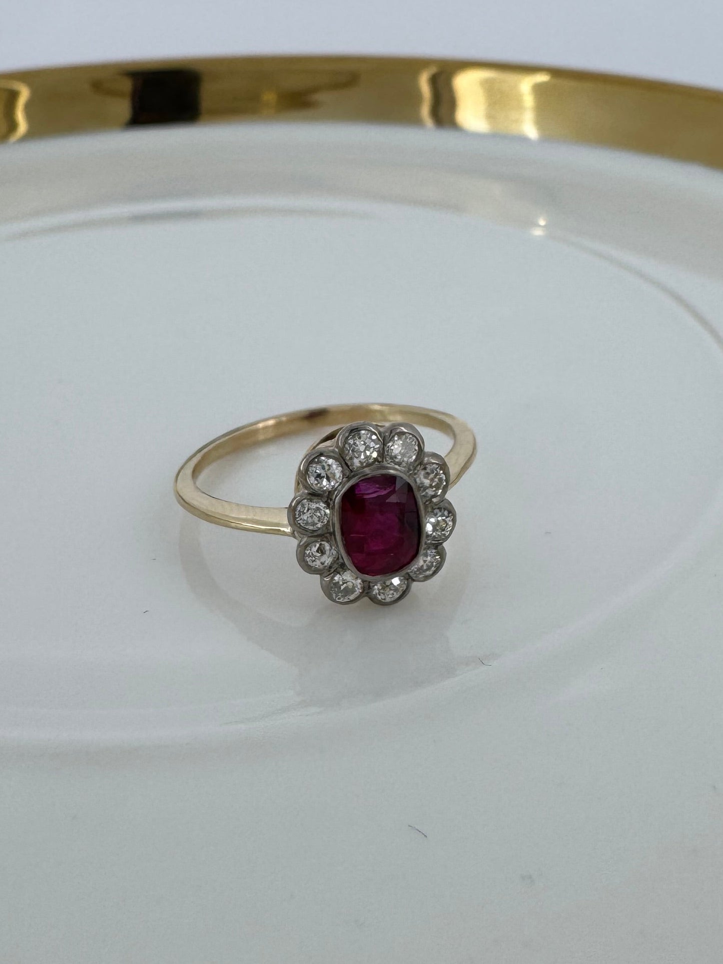 Burmese Ruby Ring with Old Mine Cut Diamond Halo - Edwardian Era