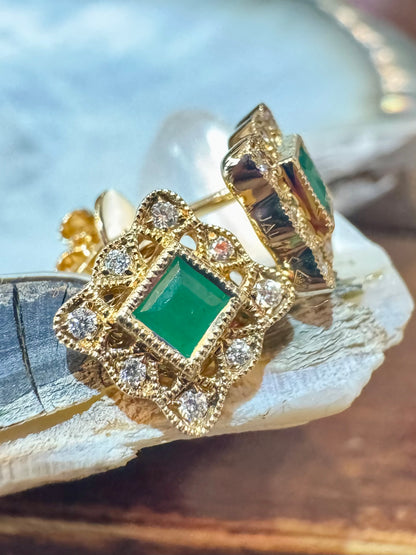 Vintage-Style Emerald and Diamond Stud Earrings - 14K Yellow Gold