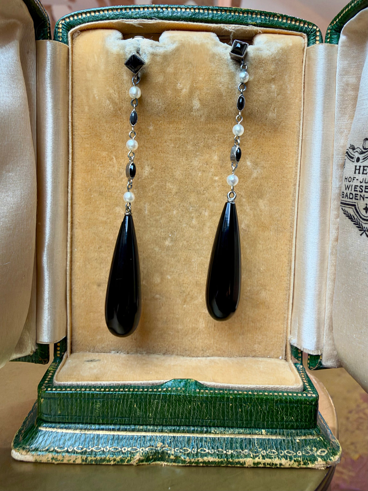 Black Onyx and Pearl Drop Earrings w/ Original Box - Art Deco Era