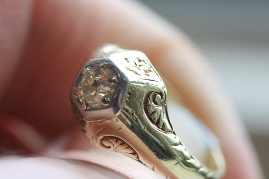 0.43ct European Cut Diamond Solitaire Ring - 14K Two Tone