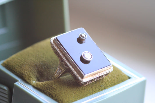 Black Onyx & European Cut Diamond Ring - Art Deco Period