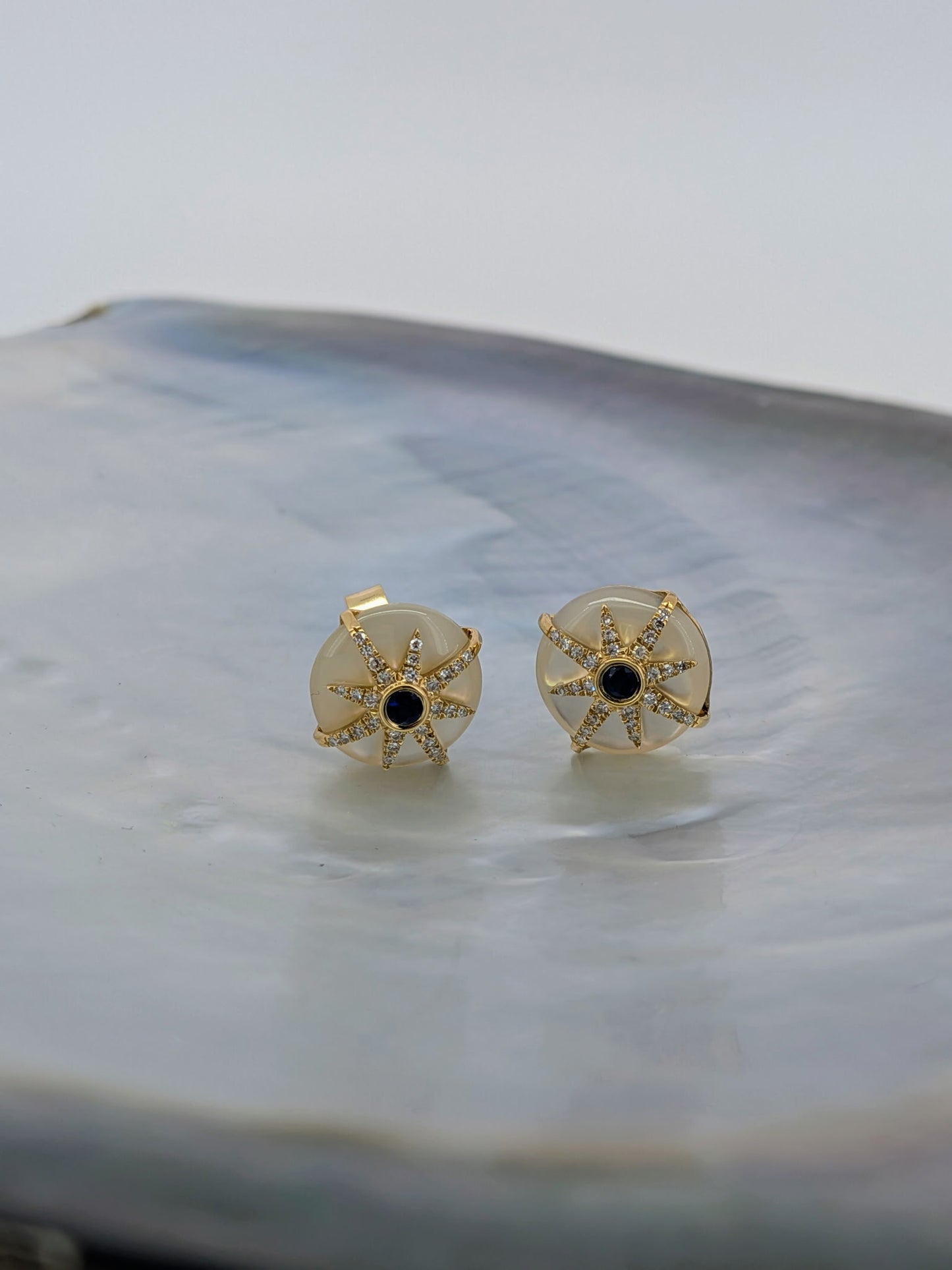 Mother of Pearl & Sapphire Starburst Button Earrings - 14K Yellow Gold
