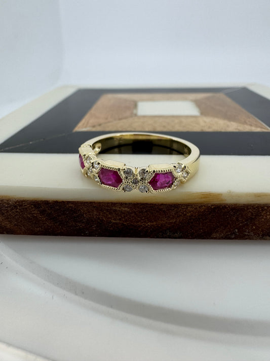 Diamond and Ruby Milgrain Band - 14K Yellow Gold