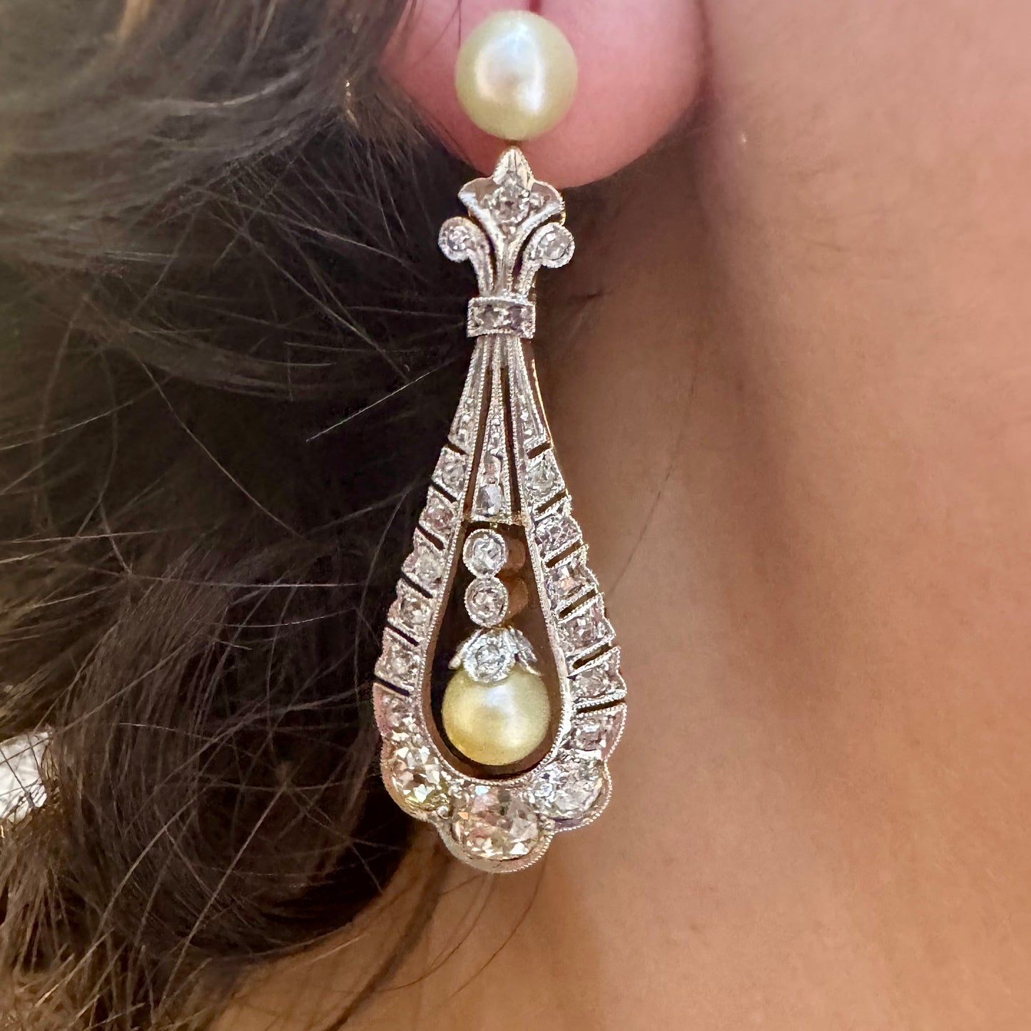 2.21ctw Old Cut Diamond and Cultured Pearl Earrings - Edwardian Era