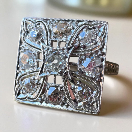 Mine-Cut Diamond Platinum Filigree Ring - Art Deco Period