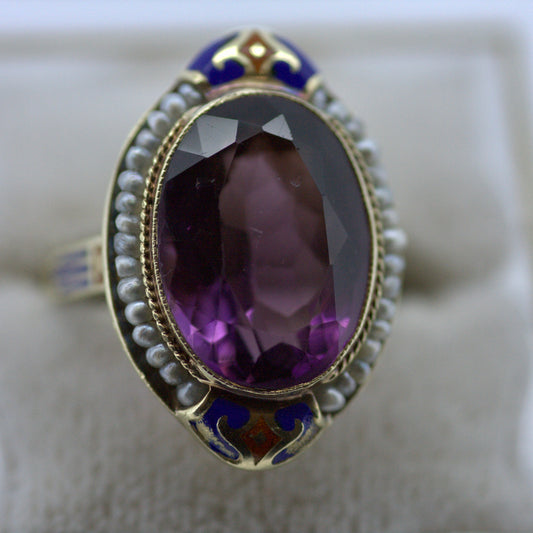 Amethyst and Seed Pearl Enameled Ring - Art Deco