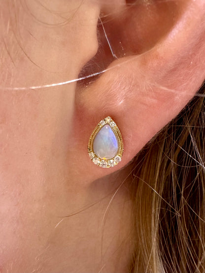 Vintage-Inspired Opal and Diamond Stud Earrings - 14K Yellow Gold