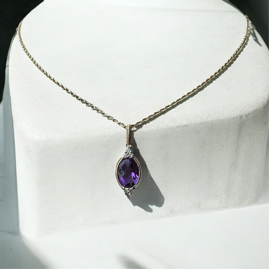 Amethyst Drop Pendant with Diamond Accents - 14K Yellow Gold