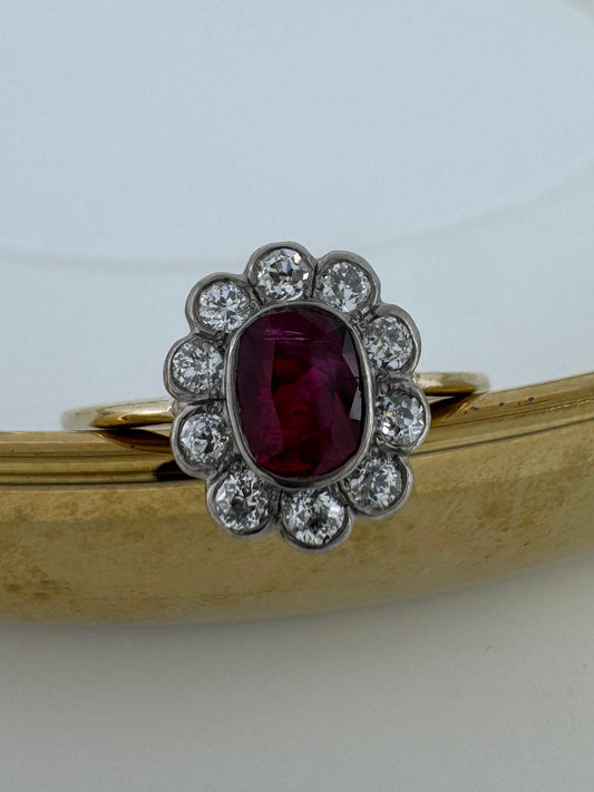 Burmese Ruby Ring with Old Mine Cut Diamond Halo - Edwardian Era