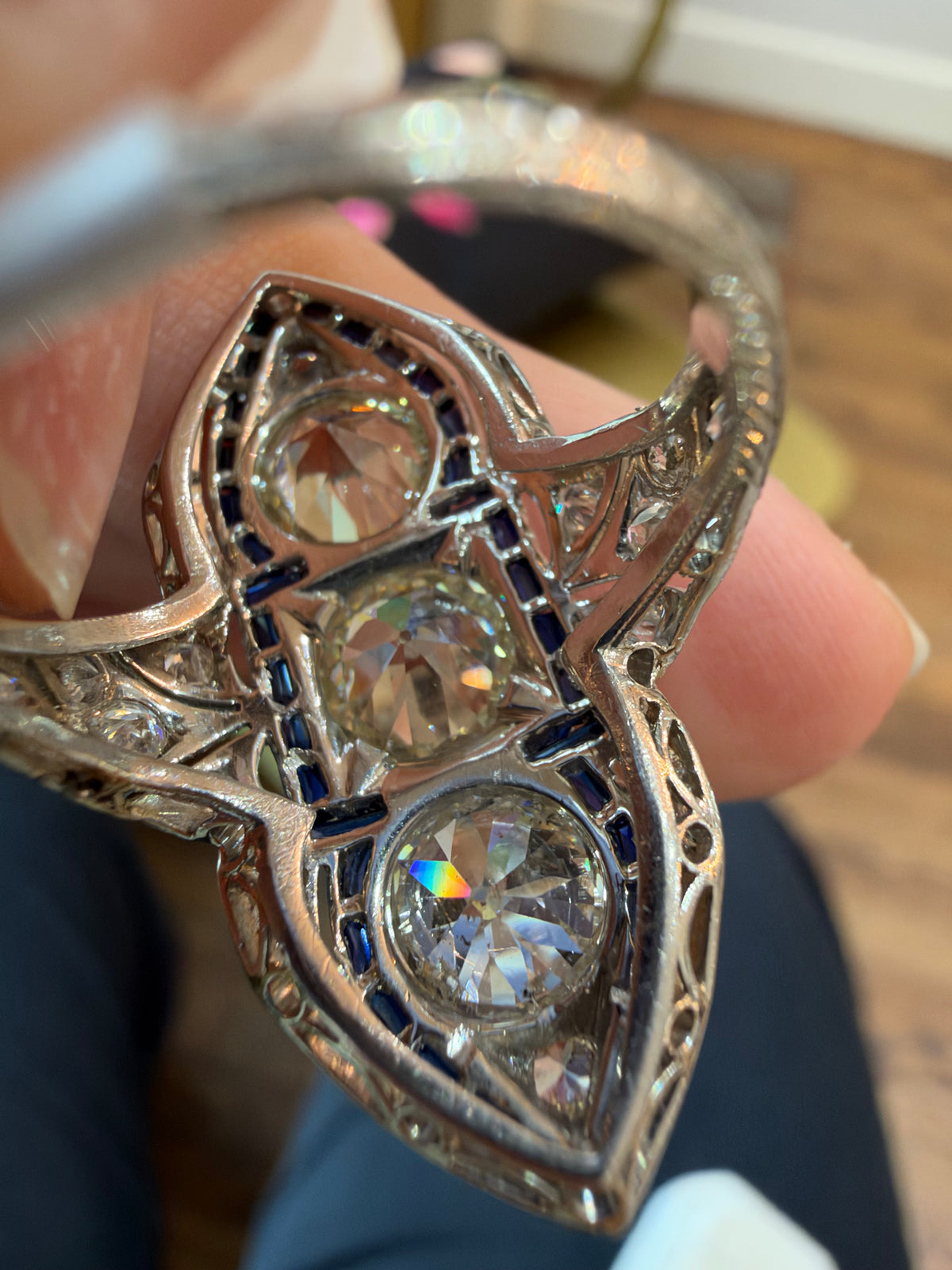 Three Stone European Cut Diamond Ring - Art Deco Era