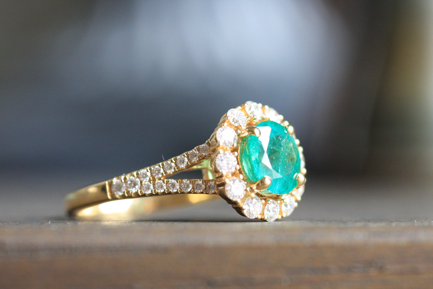 Accented Emerald Halo Ring - 18K Yellow Gold