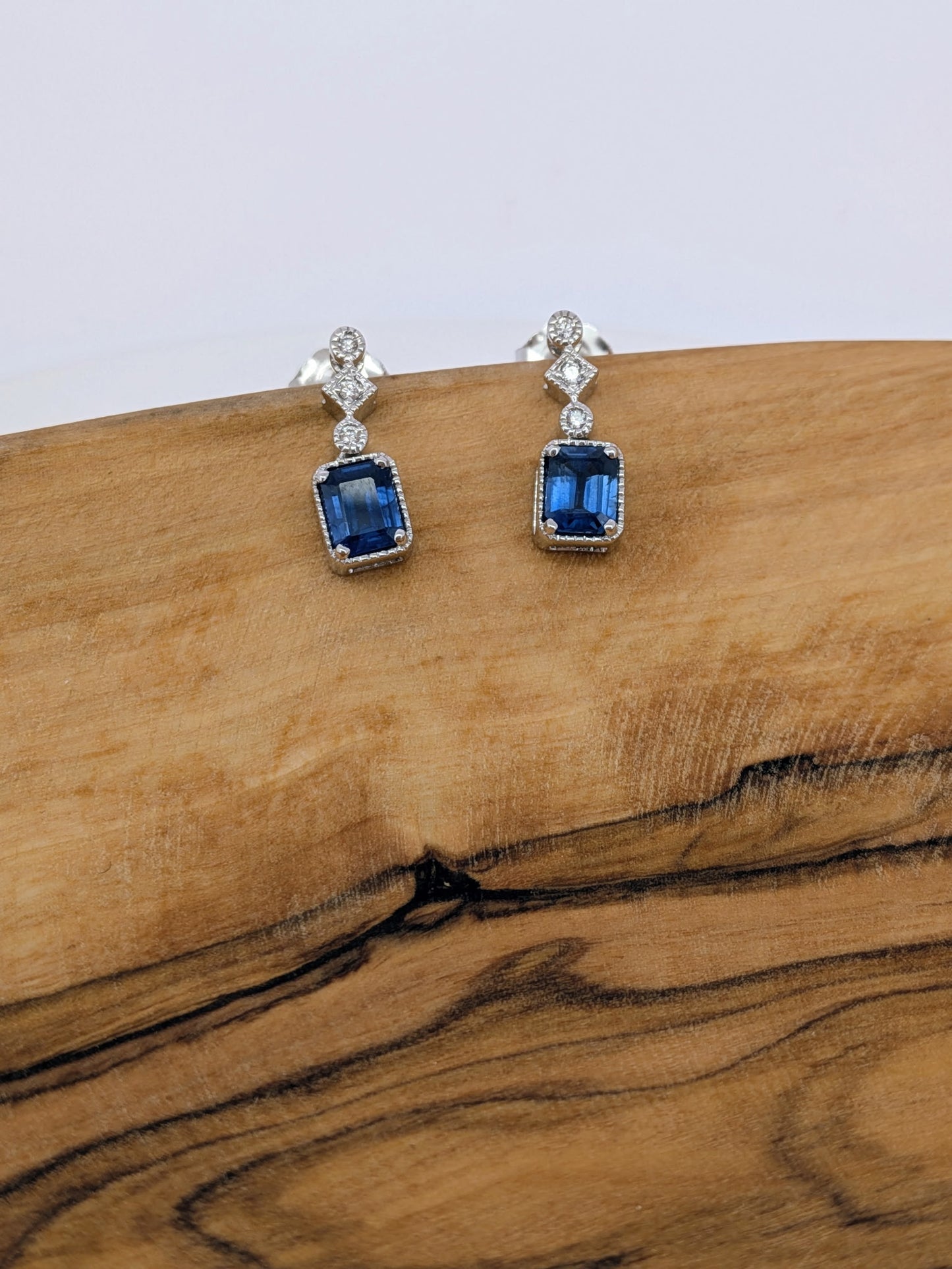 Emerald-Cut Sapphire Stud Earrings - 14K White Gold