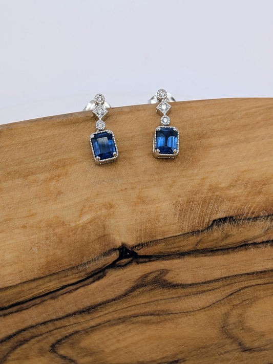 Emerald-Cut Sapphire Stud Earrings - 14K White Gold