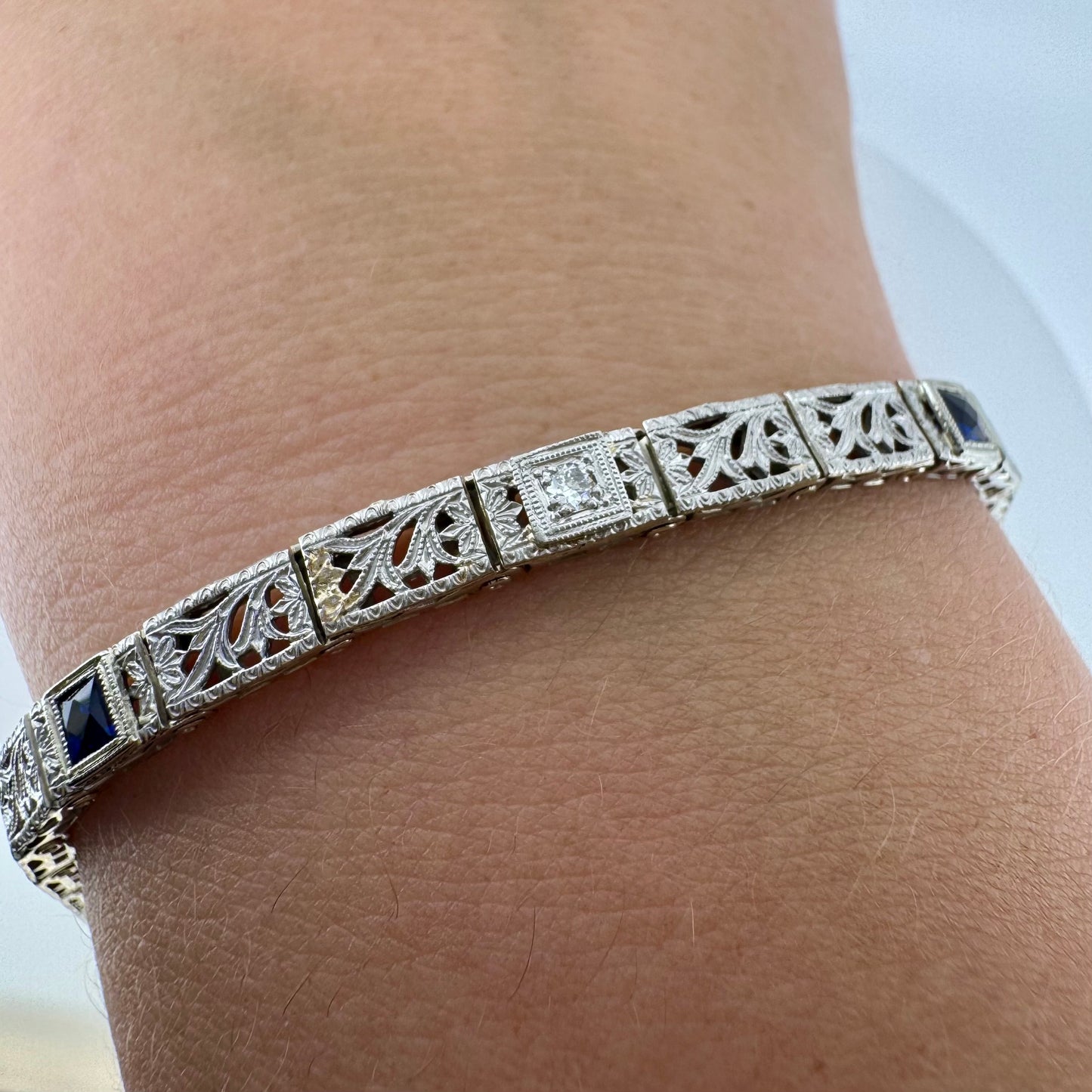 Diamond and Lab Sapphire Filigree Bracelet - Art Deco