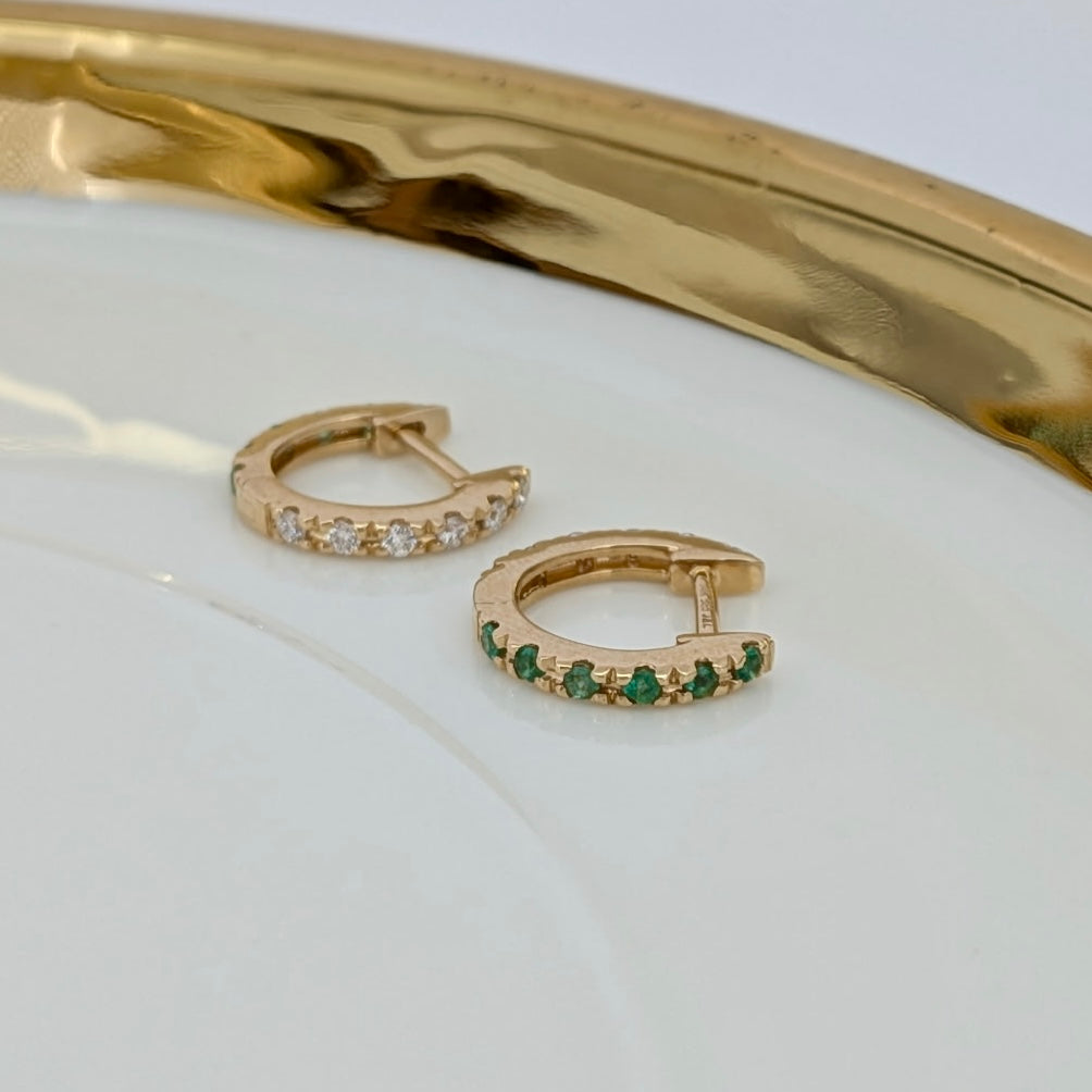 Reversible Diamond/Emerald Huggie Earrings - 14K Yellow Gold
