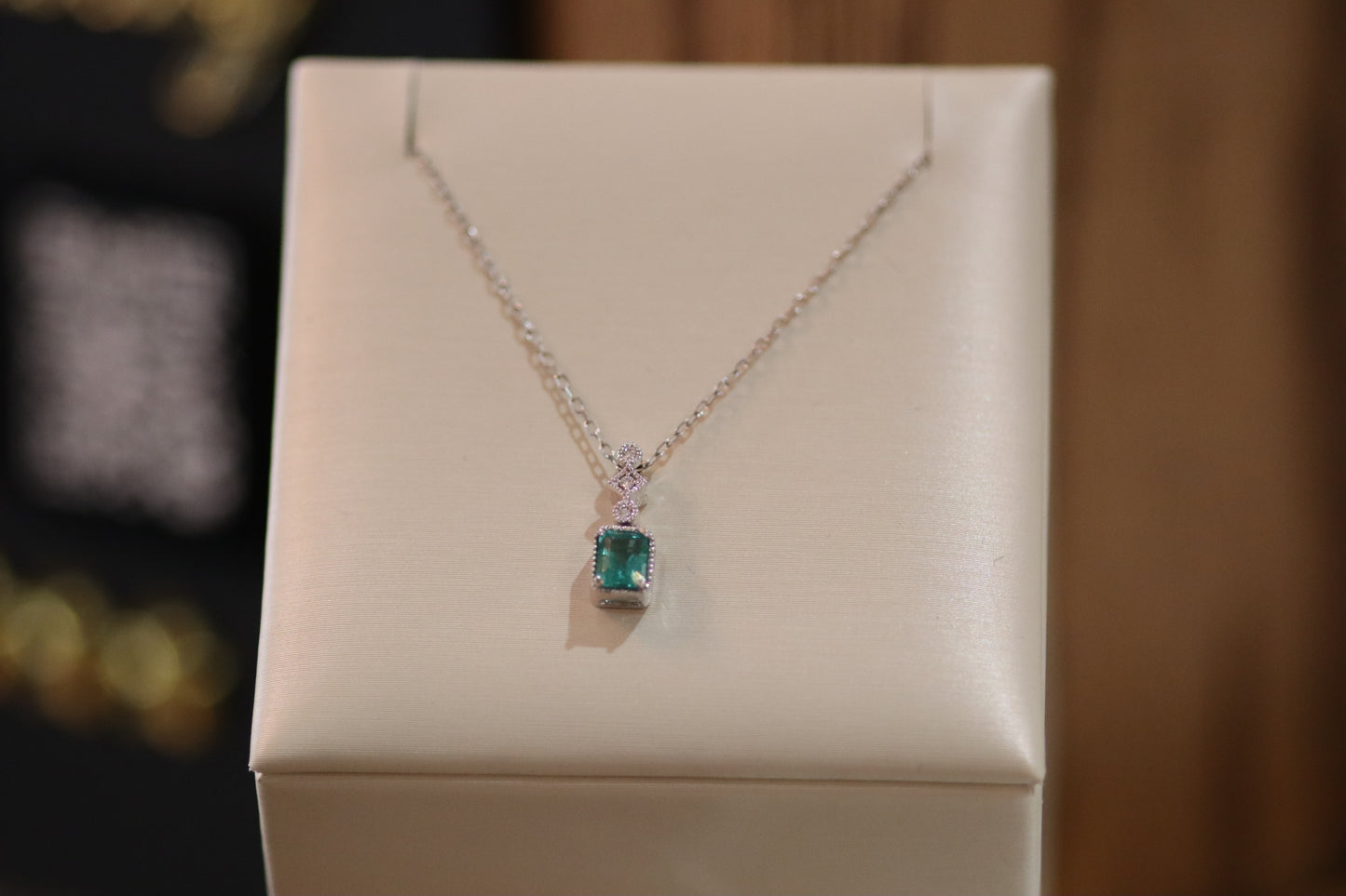 Emerald and Diamond Drop Necklace - 14K White Gold