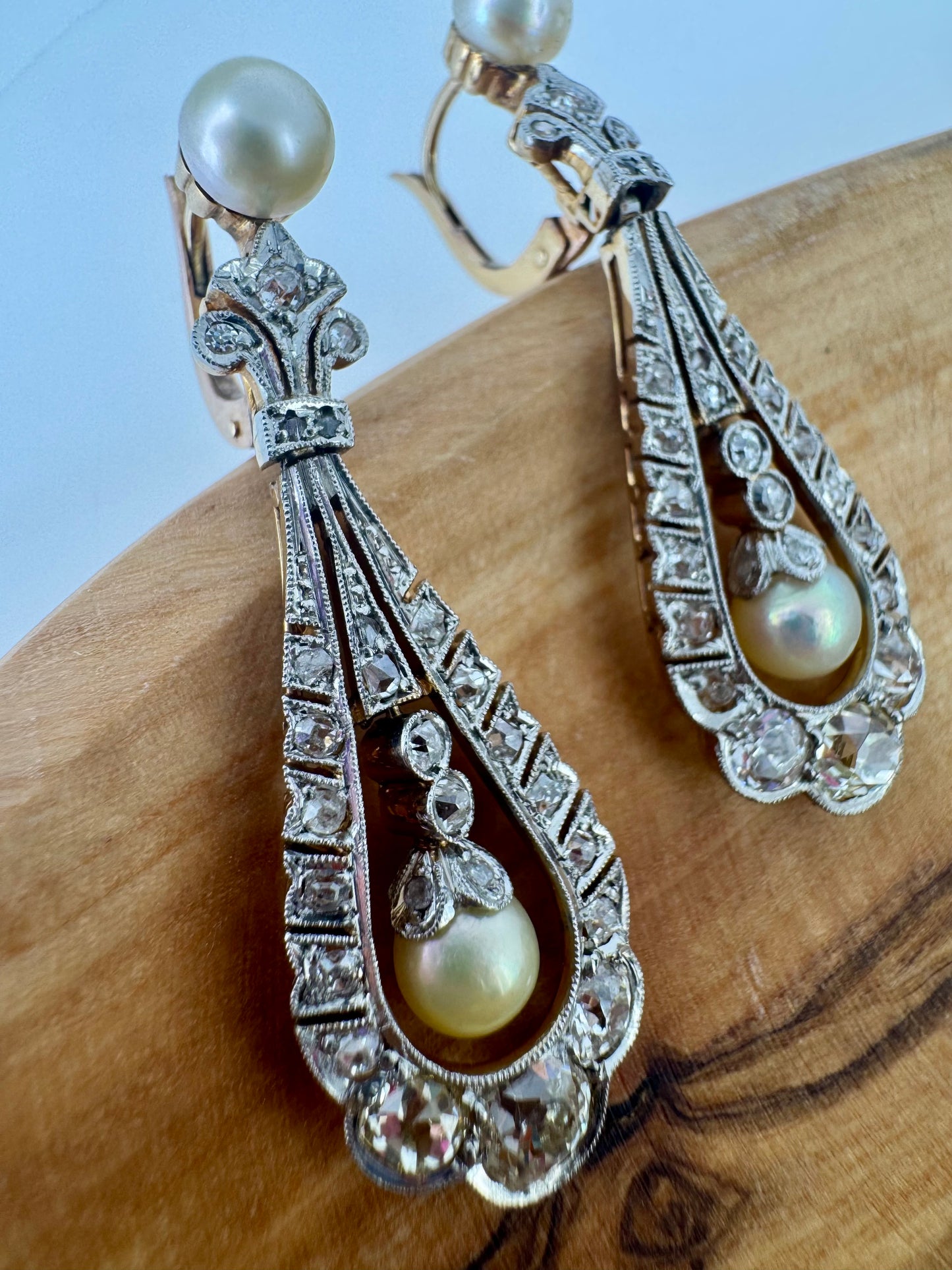 2.21ctw Old Cut Diamond and Cultured Pearl Earrings - Edwardian Era