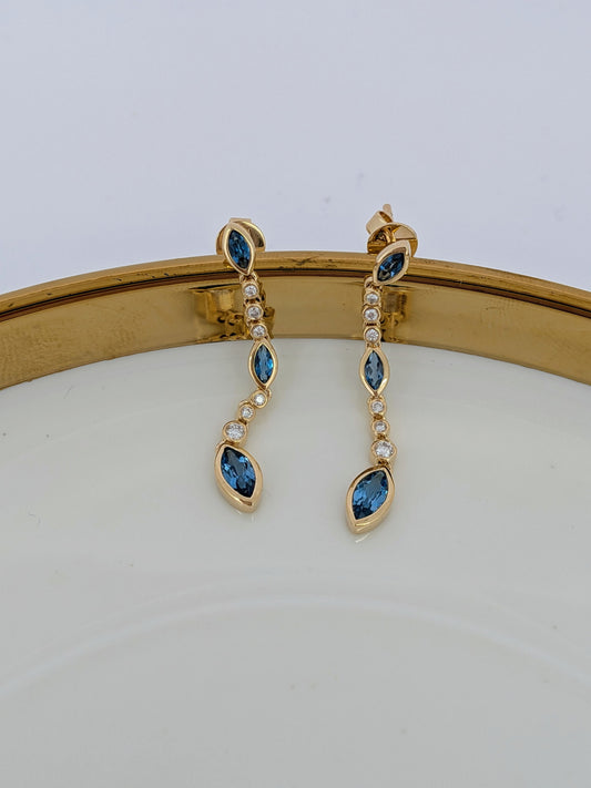 Blue Topaz and Diamond Drop Earrings - 14K Yellow Gold