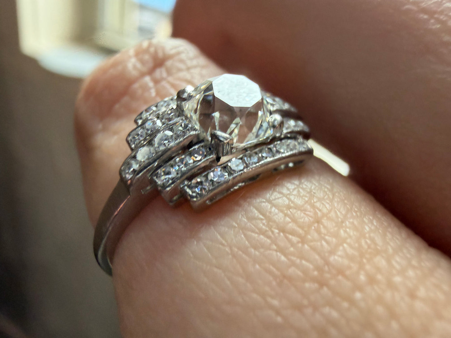 Geometric Cushion Cut Diamond Ring - Art Deco Era