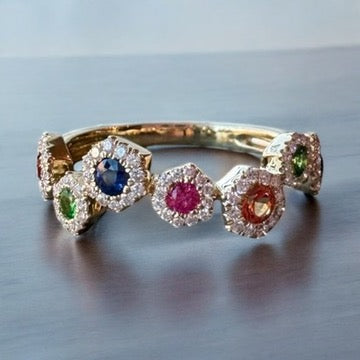 Diamond and Rainbow Gemstone Flower Ring