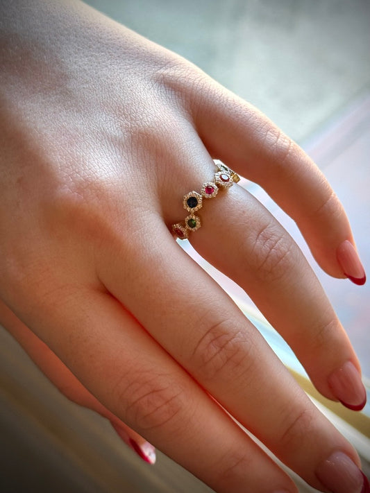 Diamond and Rainbow Gemstone Flower Ring