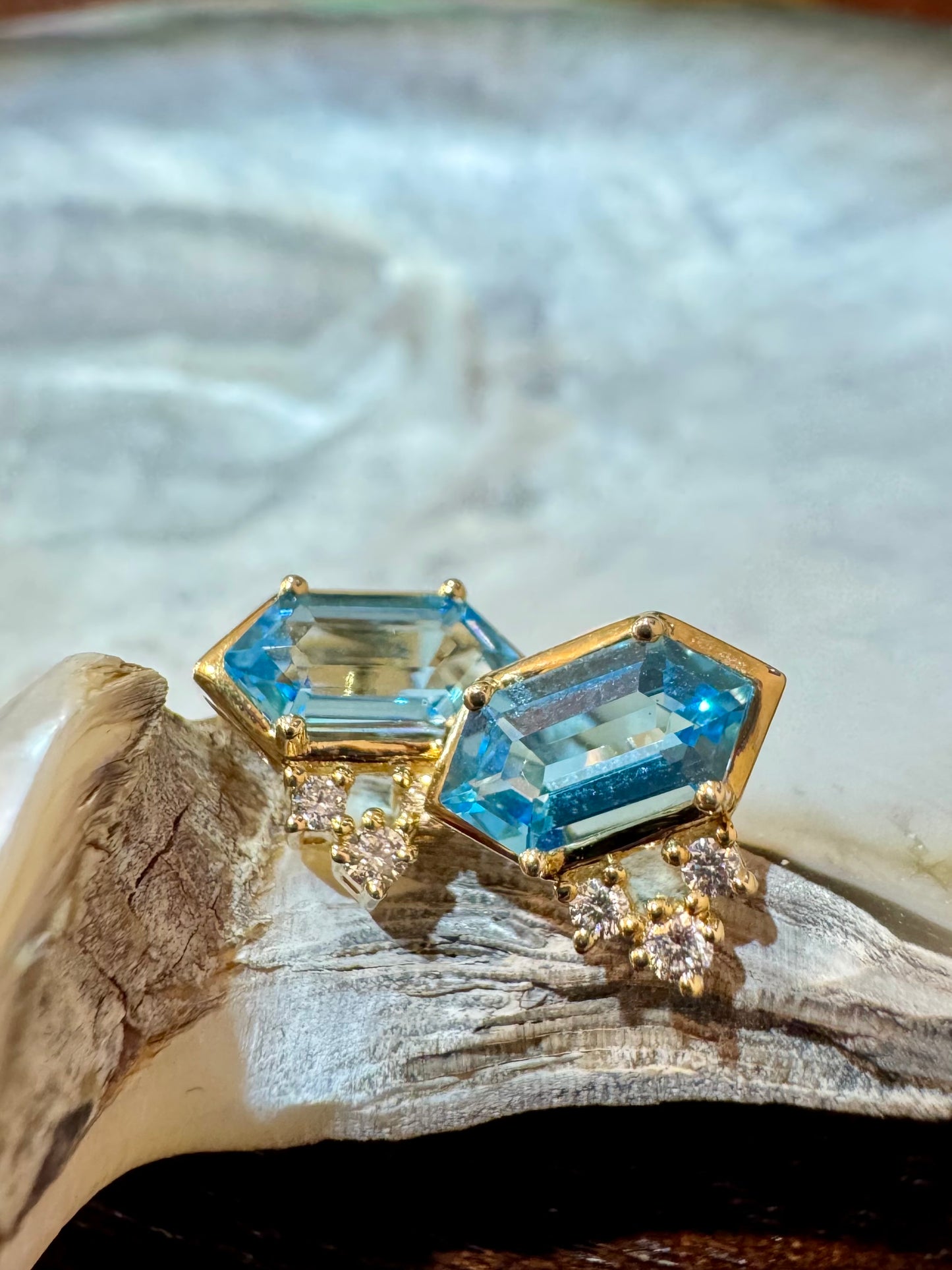 Hexagon Blue Topaz and Diamond Studs - 14K Yellow Gold