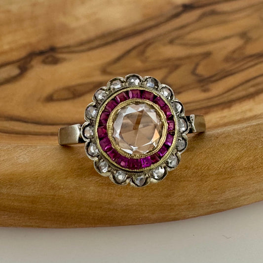 Round Diamond Ring with Ruby and Diamond Halo - Art Deco