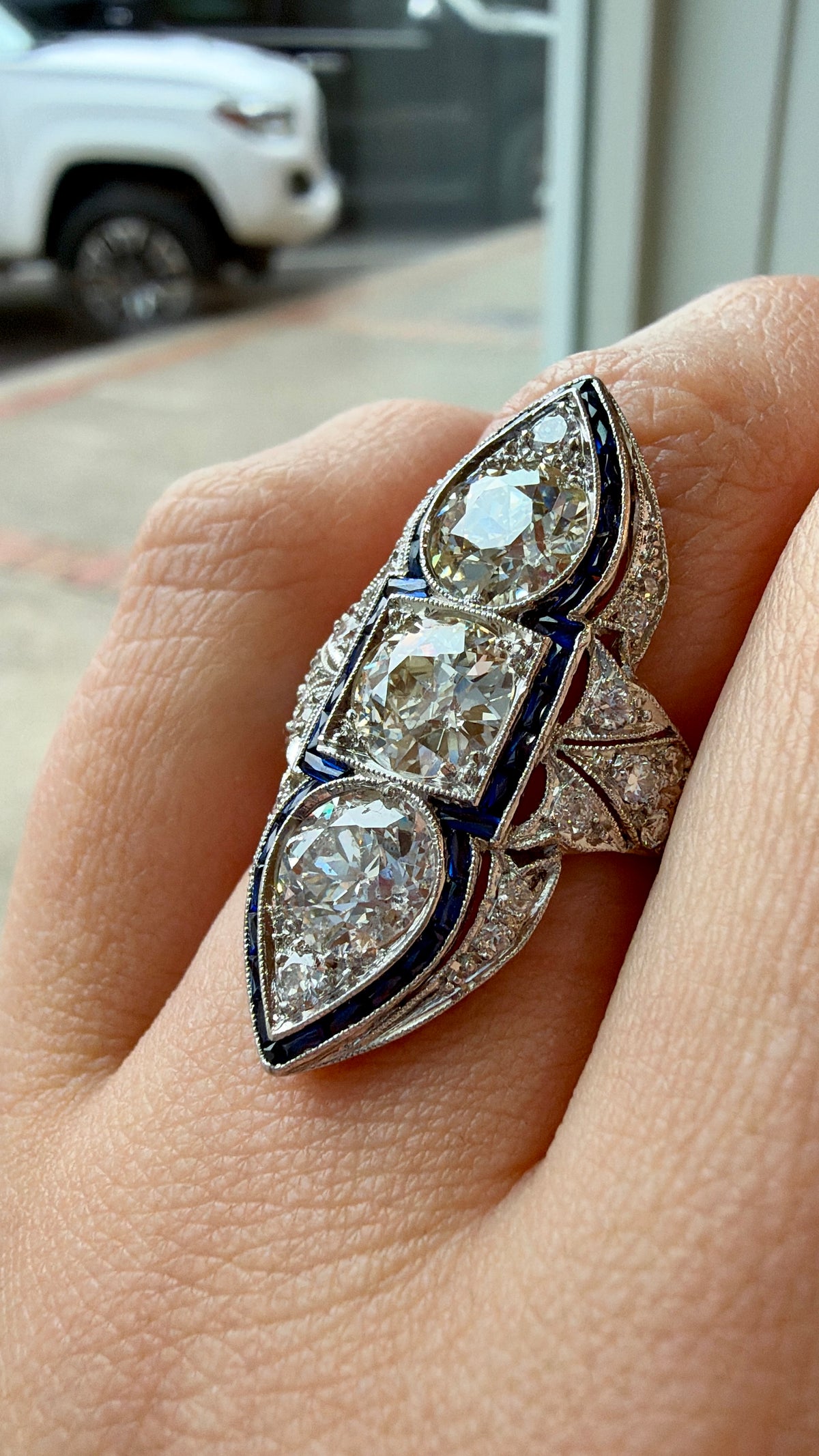Three Stone European Cut Diamond Ring - Art Deco Era