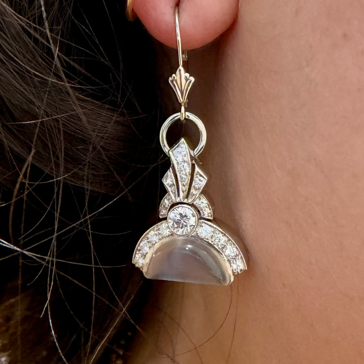 Moonstone and Diamond Drop Earrings - Art Deco