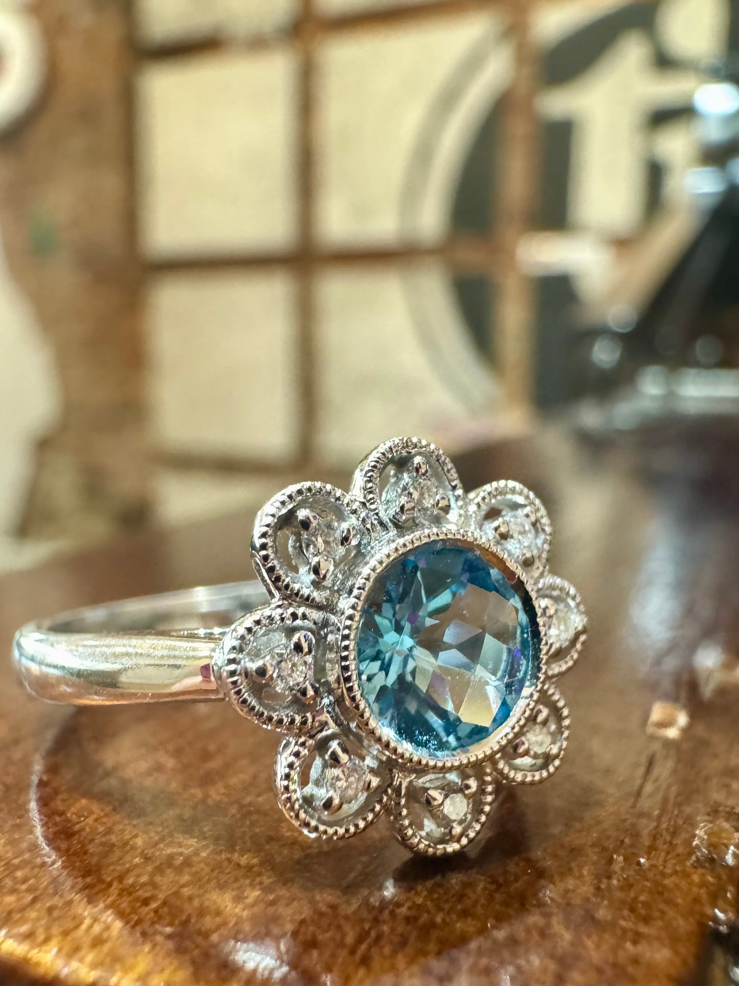 Blue Topaz and Diamond Flower Ring - 14K White Gold