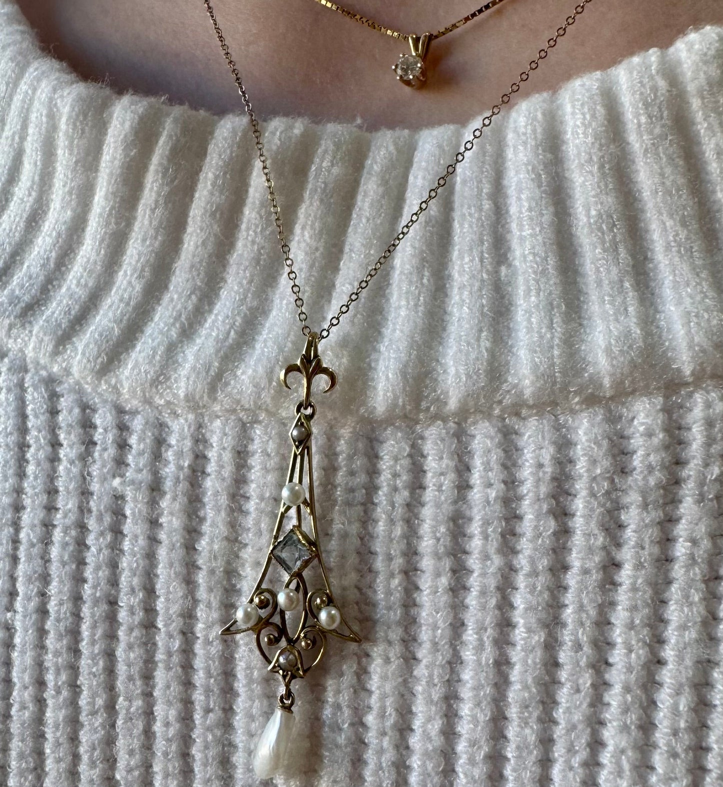 14K Yellow Gold Pearl and Aquamarine Lavalier Necklace - Victorian Era