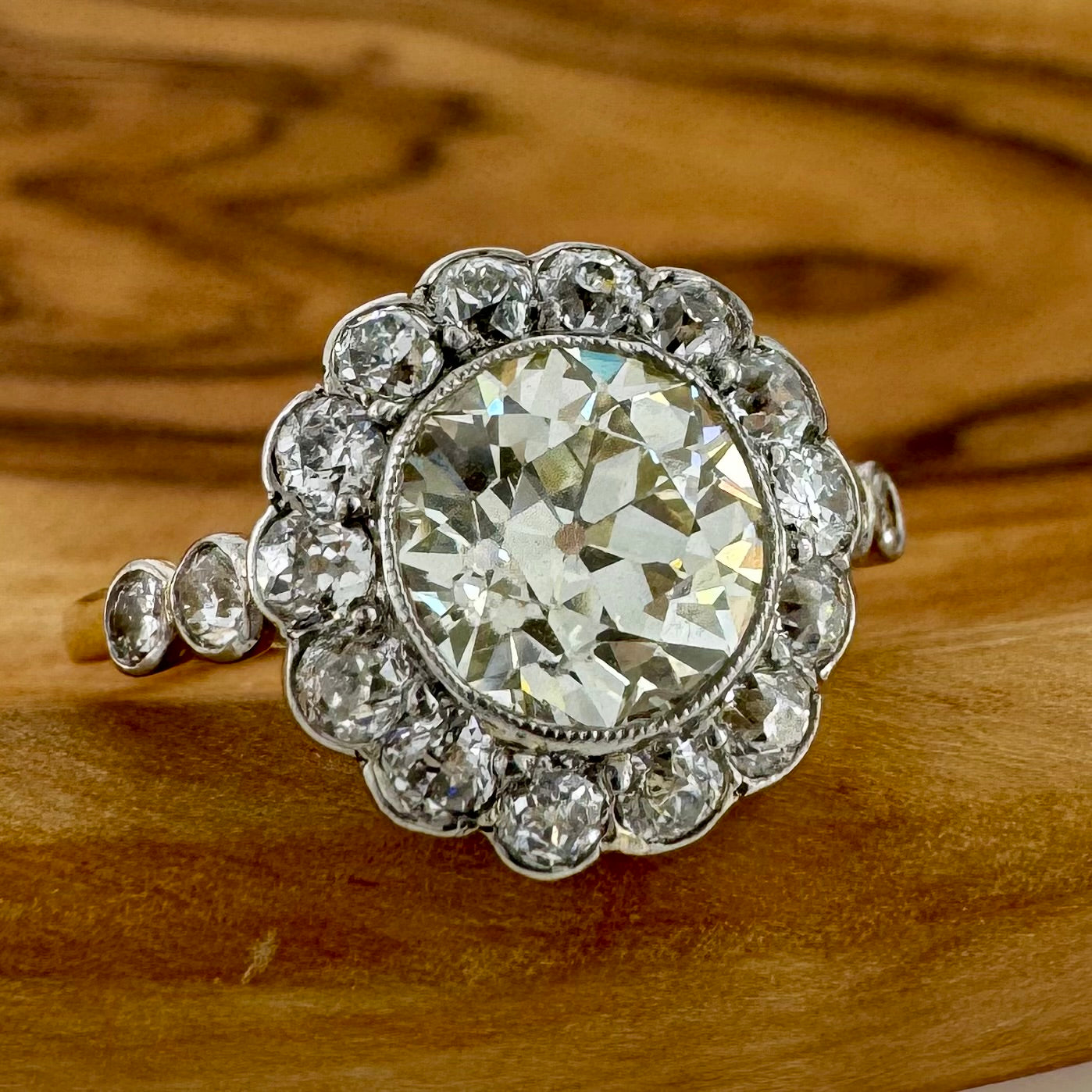 1.70ct European Cut Diamond Ring with Halo - Edwardian Era