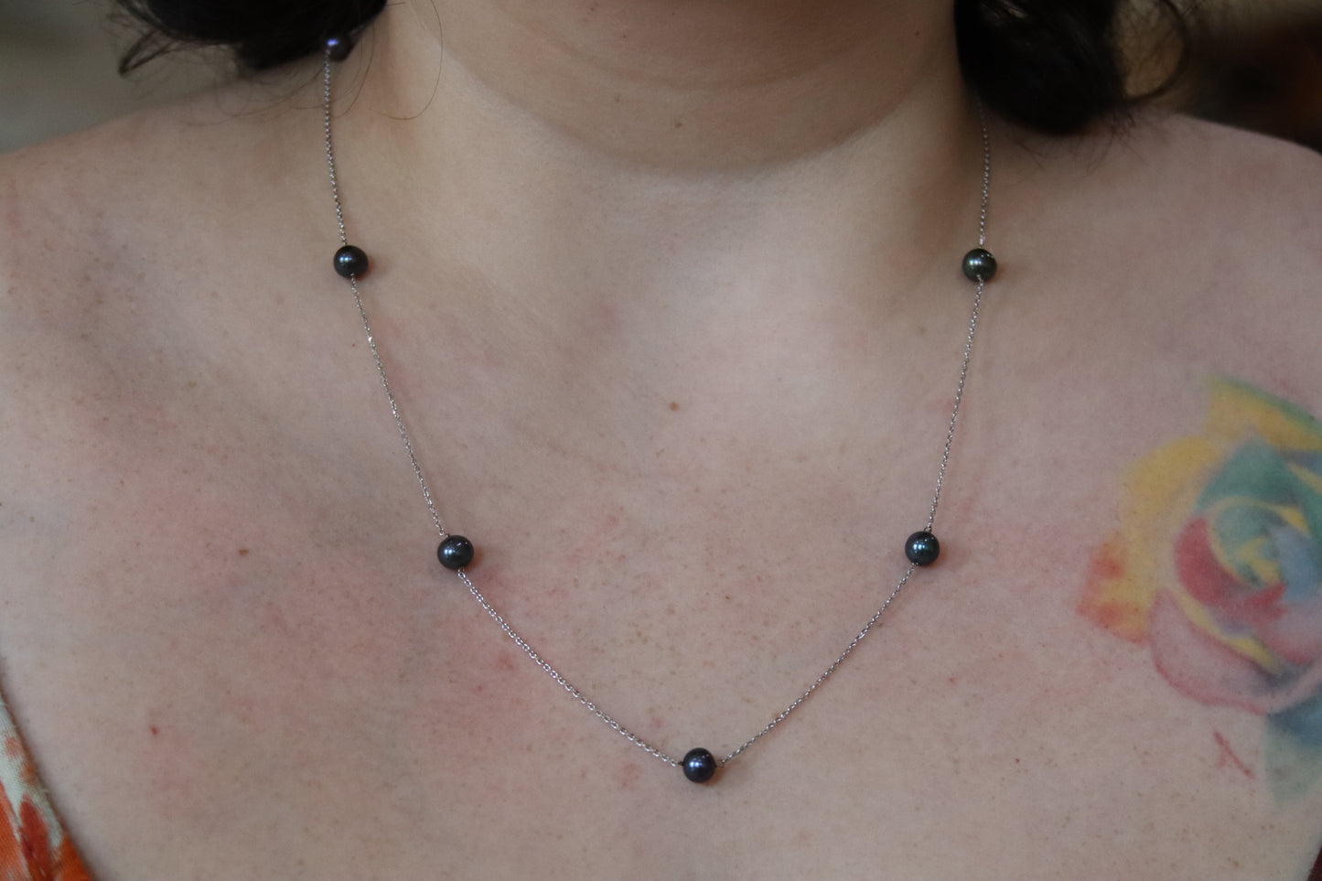 Tahitian Pearl Station Necklace - 14K White Gold