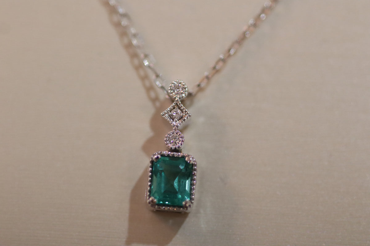 Emerald and Diamond Drop Necklace - 14K White Gold