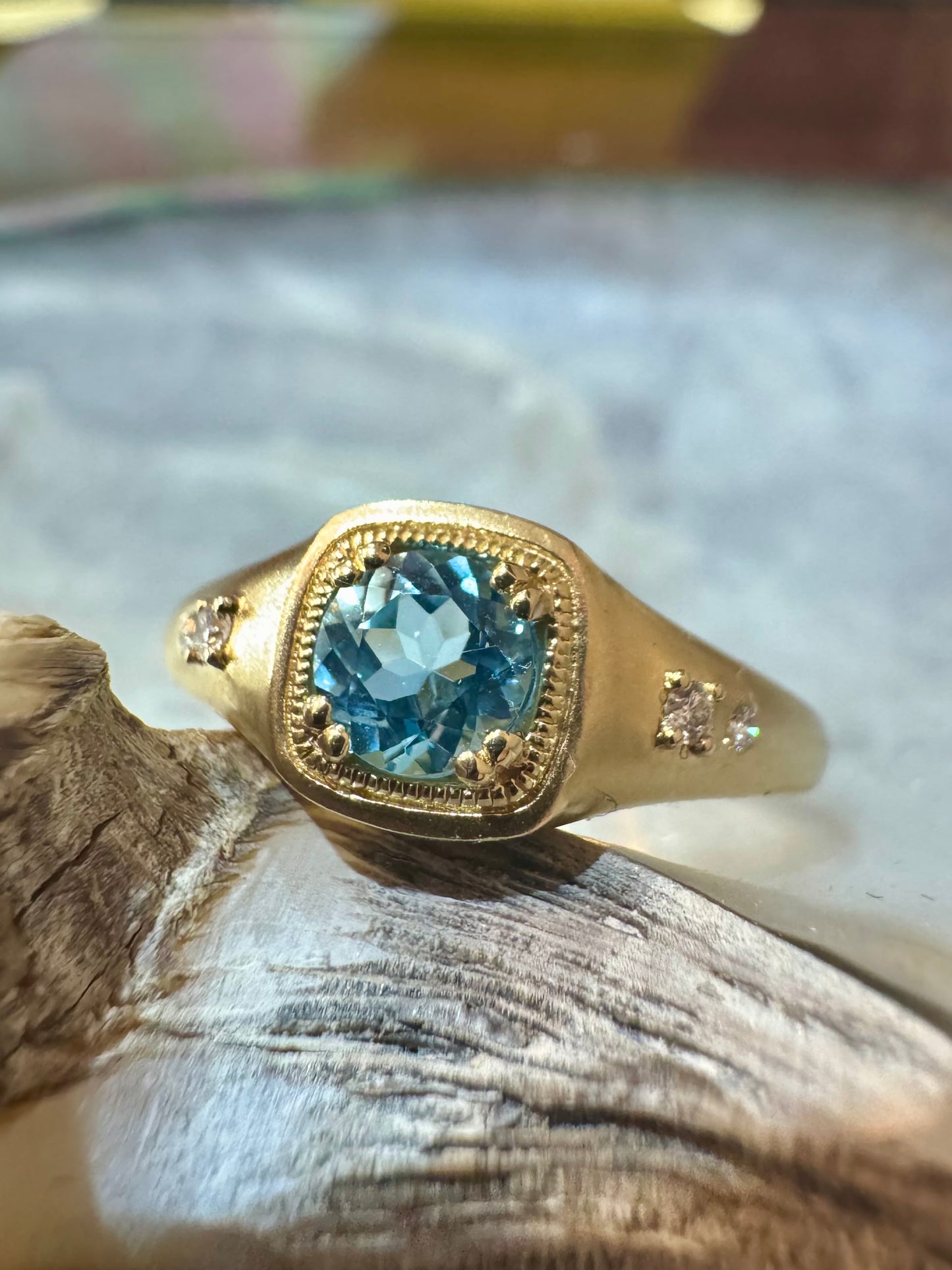 Blue Topaz Ring with Matte Finish - 14K Yellow Gold
