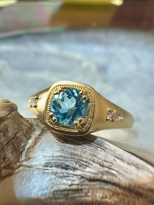Blue Topaz Ring with Matte Finish - 14K Yellow Gold