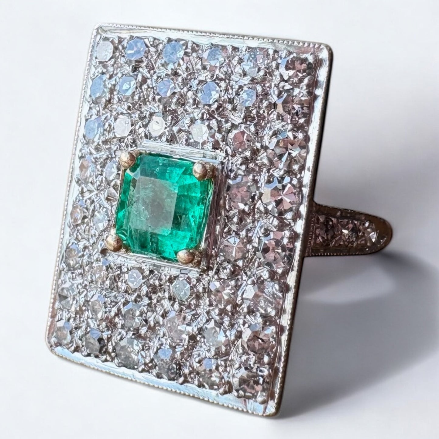 Art Deco Platinum Ring with Cushion Cut Emerald & European Cut Diamonds