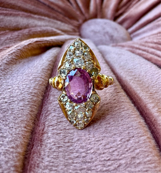 Oval Pink Sapphire Navette Ring - Victorian Era