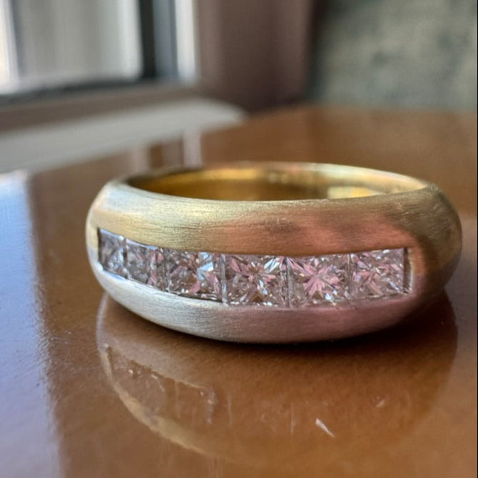 Estate 18K Satin Gold Ring with Cushion Cut Diamonds