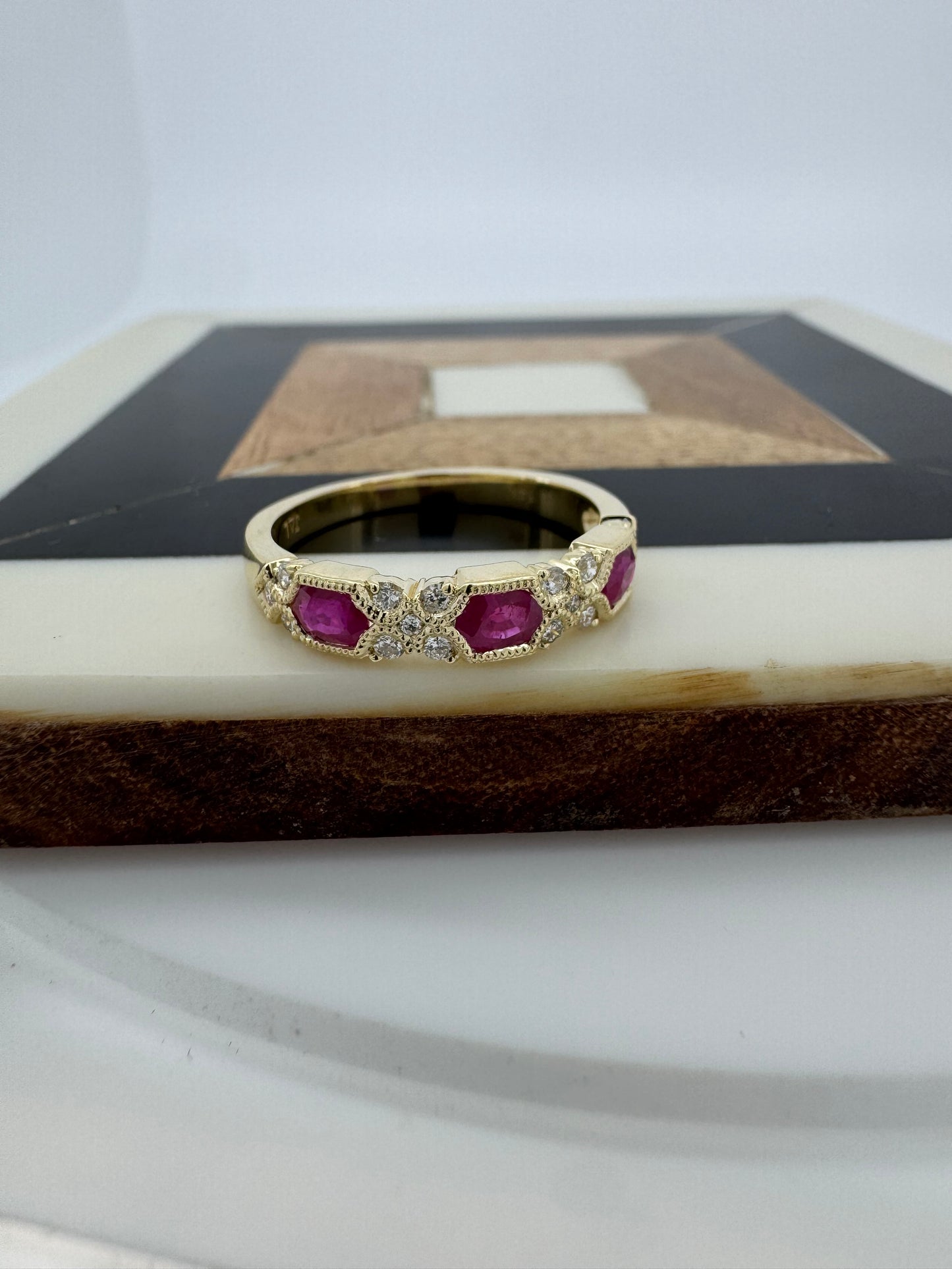Diamond and Ruby Milgrain Band - 14K Yellow Gold