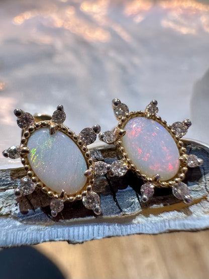 Opal and Diamond Halo Earrings - 14K Yellow Gold