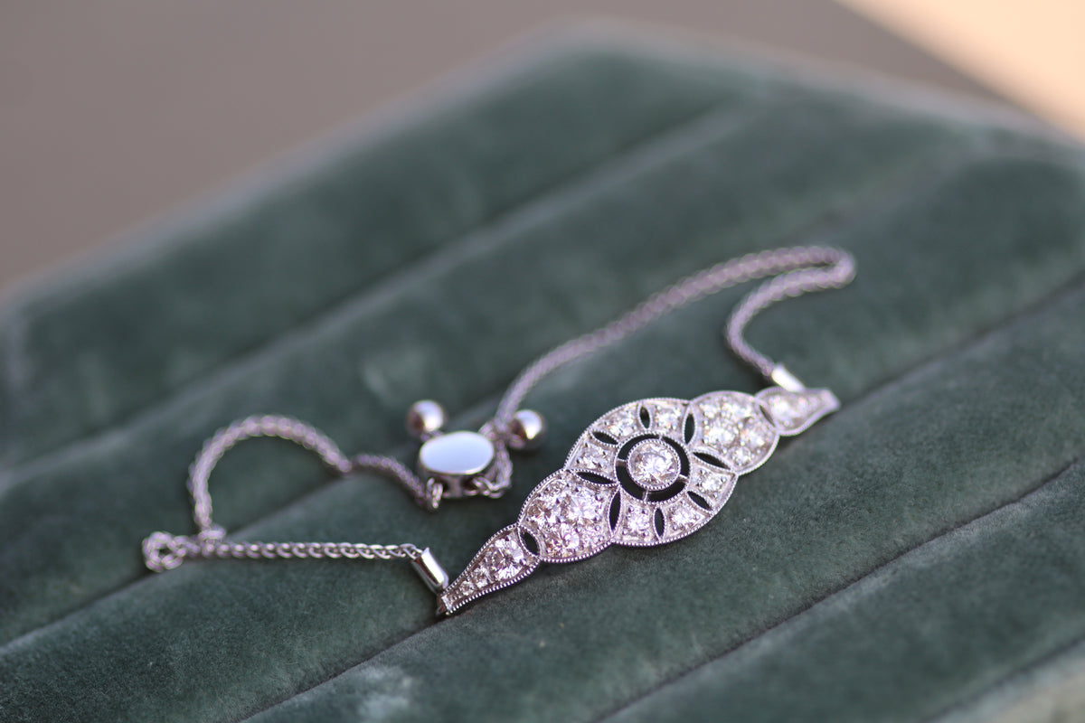 Art Deco Inspired Diamond Bolo Bracelet - 14K White Gold