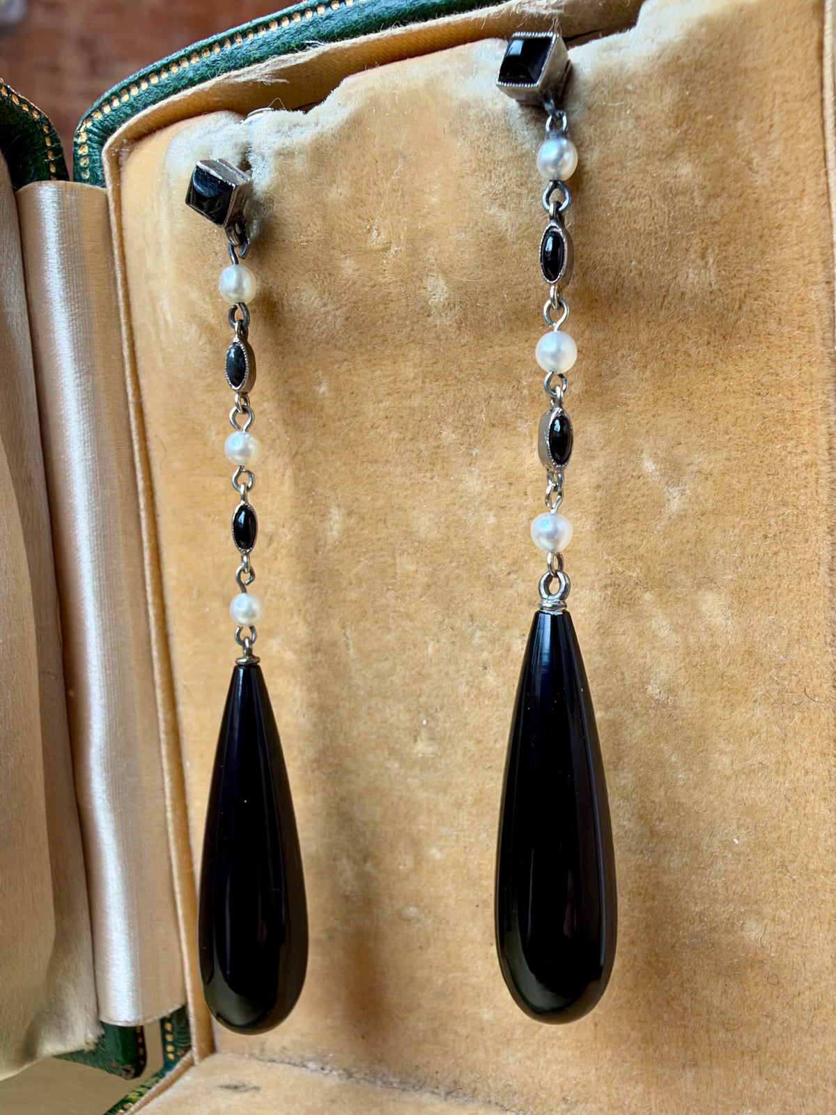 Black Onyx and Pearl Drop Earrings w/ Original Box - Art Deco Era