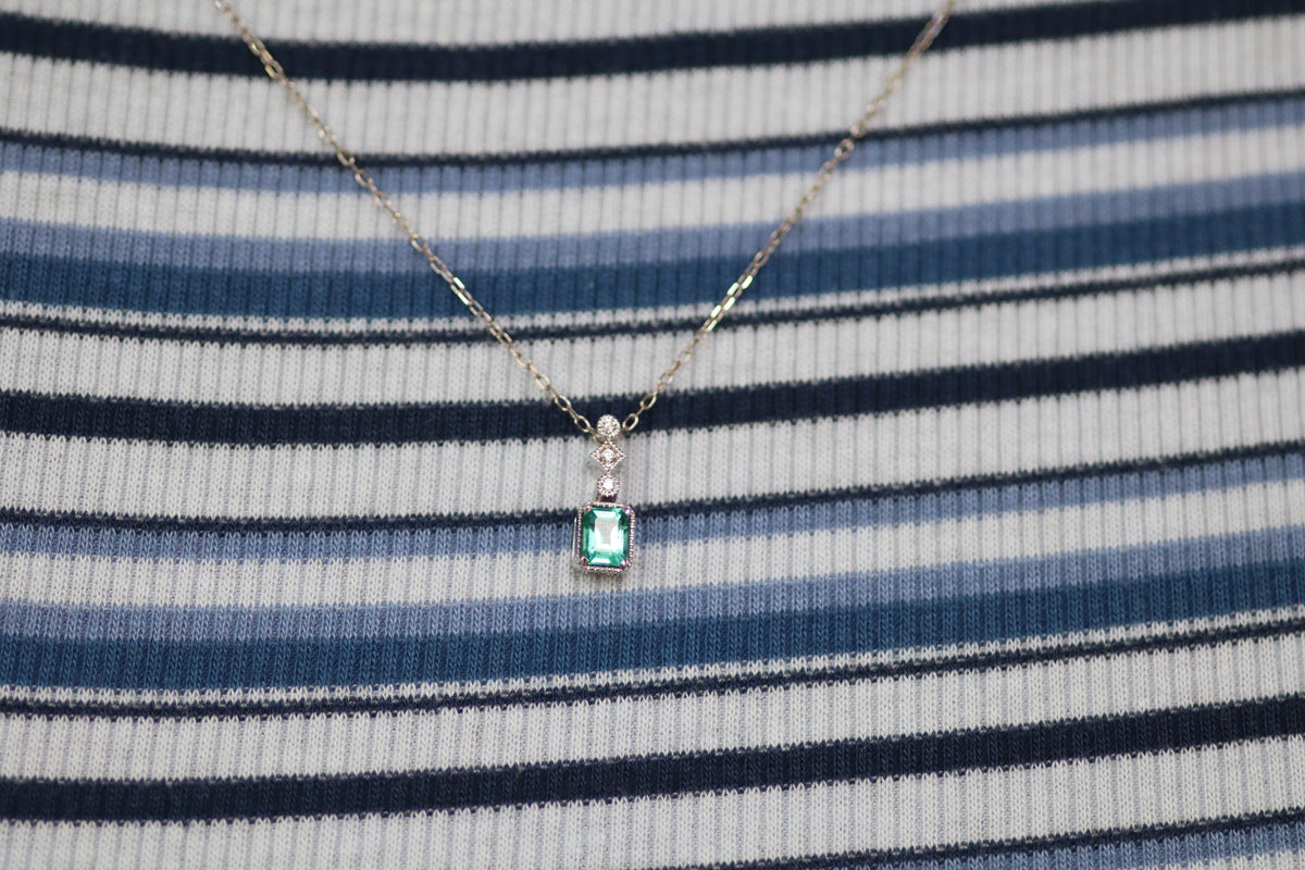 Emerald and Diamond Drop Necklace - 14K White Gold