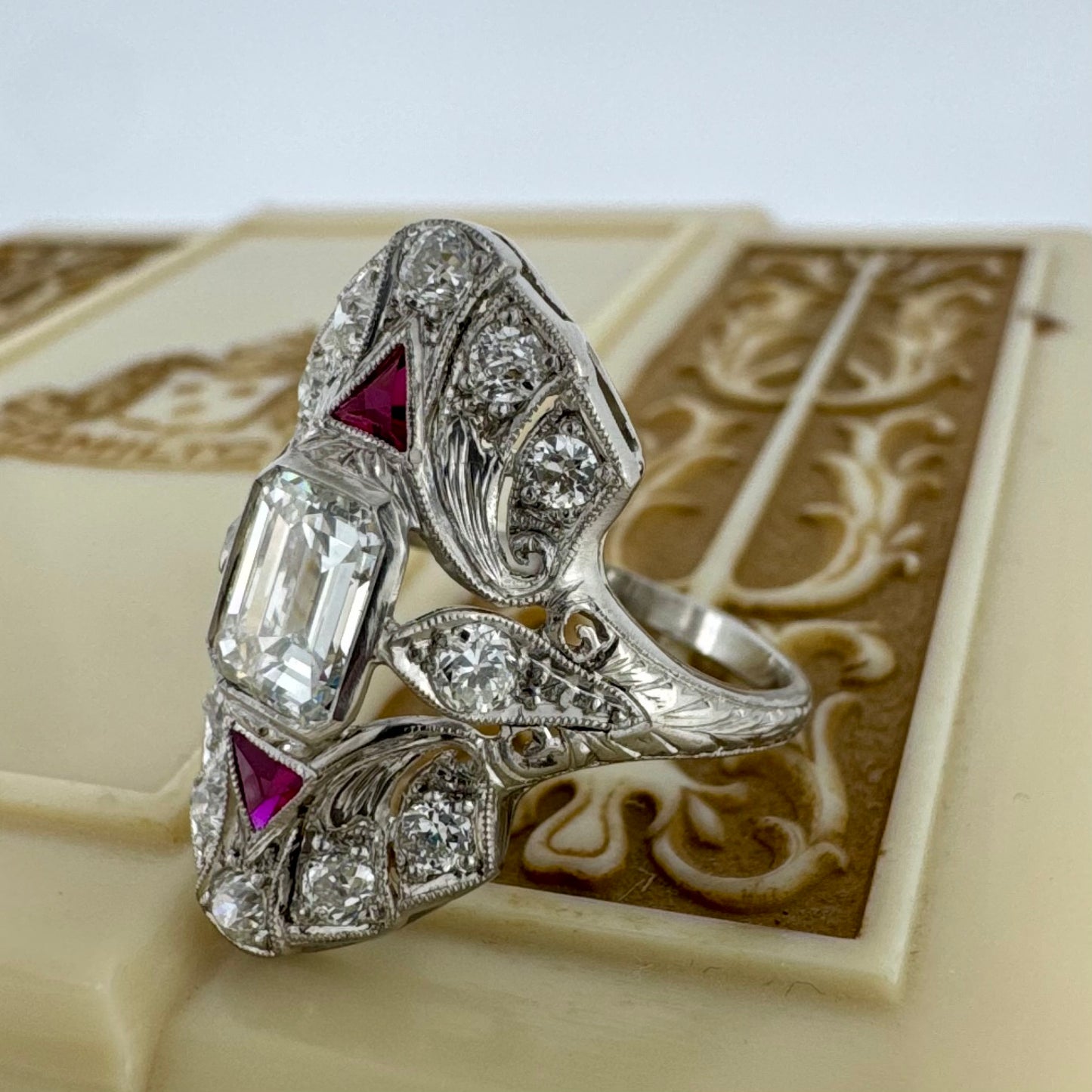 1.11ct Emerald Cut and Created Ruby Dinner Ring - Art Deco Era